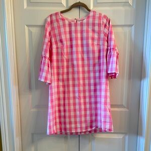 Adrienne Pink and White Sheath Dress with Bell Sleeves